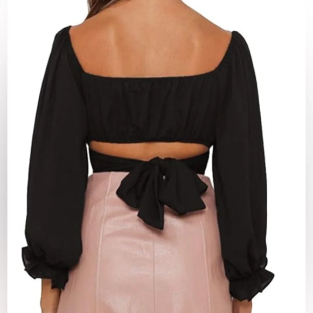 LYANER Women's Cute Off Shoulder Long Sleeve Self Tie Knot Crop Tube Top Blouse🖤 - Picture 4 of 6